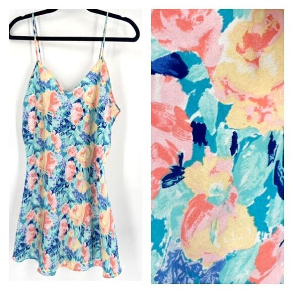 Vintage 90s Sedu Women's Floral Satin Slip Dress Lingerie Multicolor‎ Medium - Picture 1 of 10